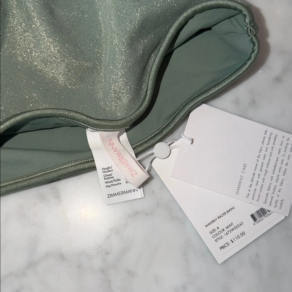 NWT Zimmermann Sage Green Shimmer Waverly Bikini Set 6Y